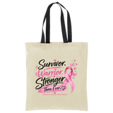 Natural and Deep Black Handle Survivor Warrior Stronger Breast Cancer Awareness Cotton Tote - Back