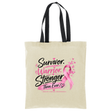 Natural and Deep Black Handle Survivor Warrior Stronger Breast Cancer Awareness Cotton Tote - Front