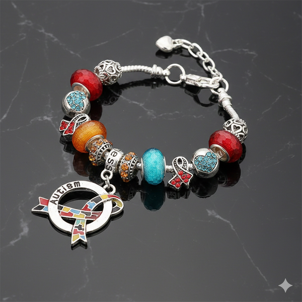 Autism awareness luxury charm bracelet with colorful Pandora-style charms, AI-generated product render