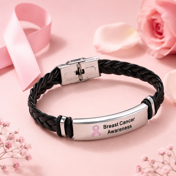 Breast Cancer Awareness braided leather bracelet with a pink ribbon engraved stainless steel plate displayed on a soft pink background with flowers and a pink awareness ribbon