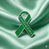 Green ribbon with 'Cerebral Palsy' text on a green satin background