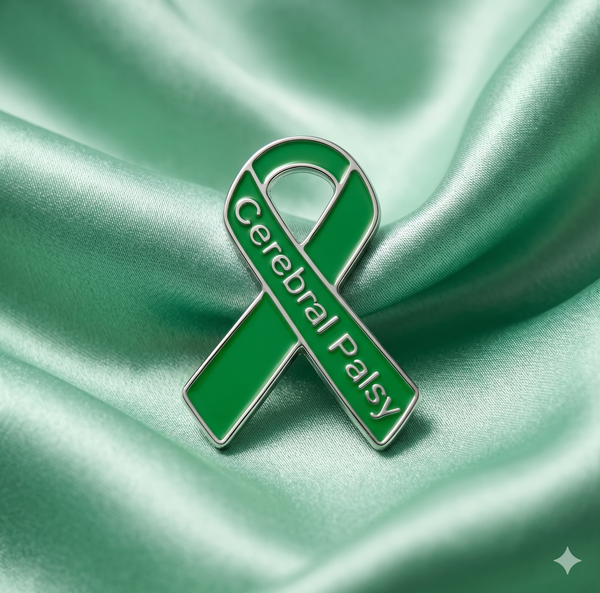 Green ribbon with 'Cerebral Palsy' text on a green satin background