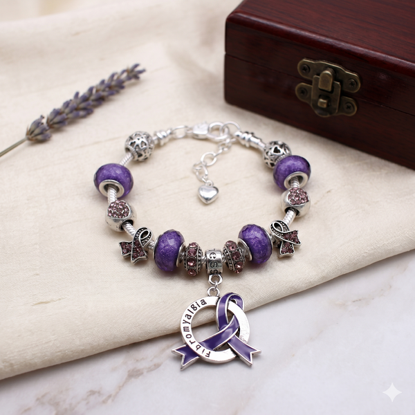 Fibromyalgia Awareness Luxury Charm Bracelet with purple ribbon pendant
