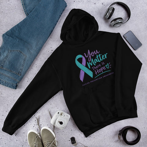 Black unisex hoodie from The Awareness Store with "You Matter. There is Hope" suicide prevention awareness message on the front.
