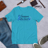 Heather aqua Survivor Blue Heart Human Trafficking Awareness Unisex T-Shirt featuring a blue awareness ribbon and heart design