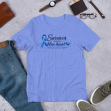 Heather Columbia Blue Blue Heart Human Trafficking Awareness Unisex T-Shirt featuring a blue awareness ribbon and heart design