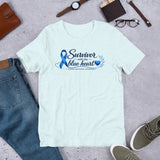 Heather Ice Blue Blue Heart Human Trafficking Awareness Unisex T-Shirt featuring a blue awareness ribbon and heart design