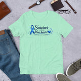 Heather Mint Blue Heart Human Trafficking Awareness Unisex T-Shirt featuring a blue awareness ribbon and heart design