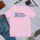 Heather Prism Lilac Blue Heart Human Trafficking Awareness Unisex T-Shirt featuring a blue awareness ribbon and heart design