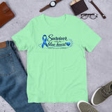 Mint Blue Heart Human Trafficking Awareness Unisex T-Shirt featuring a blue awareness ribbon and heart design