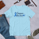 Ocean Blue Blue Heart Human Trafficking Awareness Unisex T-Shirt featuring a blue awareness ribbon and heart design