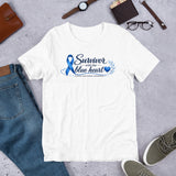 White Survivor Blue Heart Human Trafficking Awareness Unisex T-Shirt featuring a blue awareness ribbon and heart design