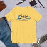 Yellow Blue Heart Human Trafficking Awareness Unisex T-Shirt featuring a blue awareness ribbon and heart design
