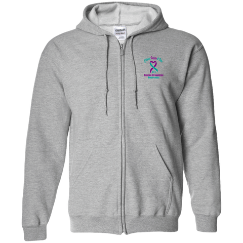 Purple and teal zip-up hoodie by CustomCat supporting suicide prevention awareness, featuring bold printed text.