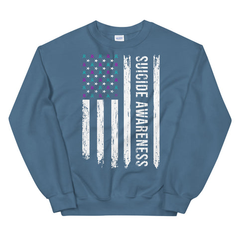Suicide Awareness USA Flag sweatshirt from The Awareness Store, featuring a patriotic flag design and comfortable fit.