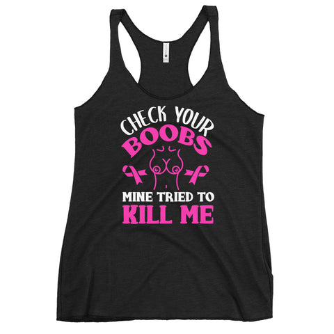 Breast Cancer Awareness Check Your Boobs Women's Racerback Tank Top - The Awareness Store
