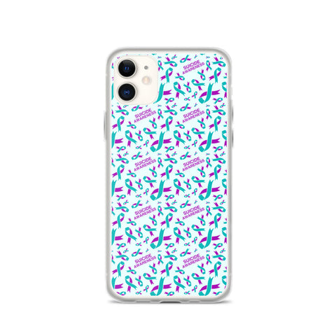 Suicide awareness ribbon pattern iPhone case by The Awareness Store, featuring a black and white ribbon design on a protective phone cover.