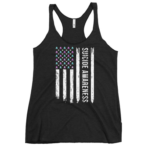 Suicide Awareness USA Flag women's racerback tank top featuring a patriotic design and awareness message.