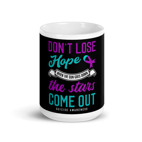 Suicide awareness mug with "Don't Lose Hope" message and awareness ribbon design, ideal for mental health support.