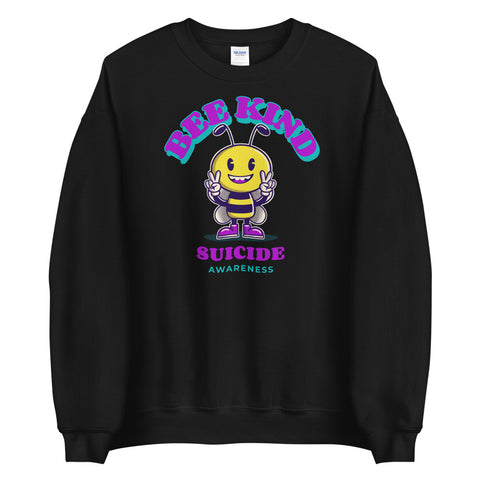 Black unisex crew-neck sweatshirt with Suicide Awareness Bee Kind design on the front. The Awareness Store logo visible.