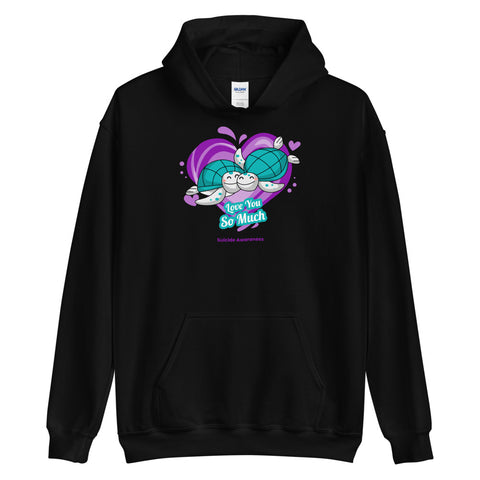 Black unisex hoodie with "I Love You So Much" suicide awareness message from The Awareness Store, made from heavy blend fabric.