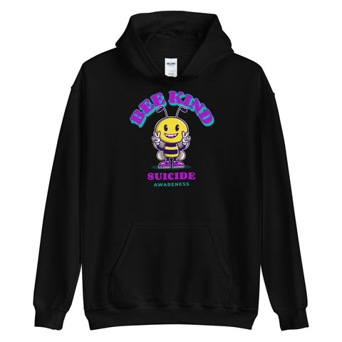 Black unisex Suicide Awareness Bee Kind hoodie with front graphic, featuring bold yellow bee and supportive message for mental health awareness.